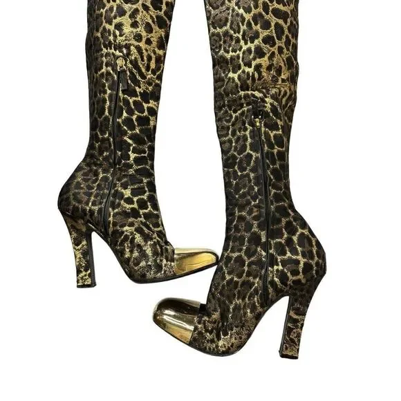 Saint Laurent Gold and Black Over the Knee Boots - Picture 6 of 14
